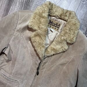 VTG 90s Y2K MUDD Tan Suede Leather Jacket Size M Removable Faux Fur Collar